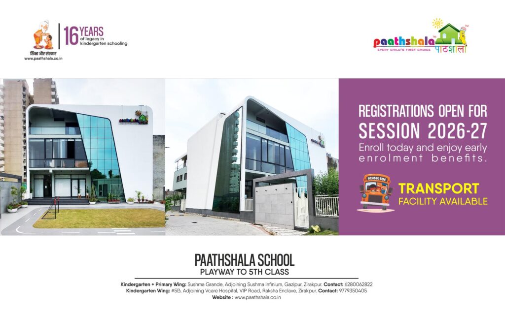 Paathshala school Zirakpur admissions open 2026-27 CBSE pattern primary school campus with happy children and teachers