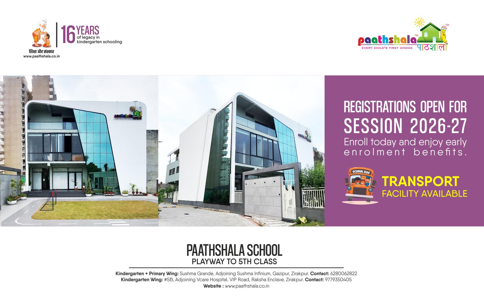 Paathshala school Zirakpur admissions open 2026-27 CBSE pattern primary school campus with happy children and teachers